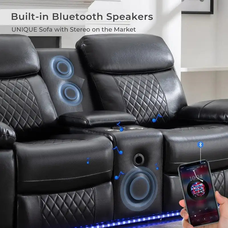 Elektrisches Liegesofa mit kabelloser Ladestation, Leselampe, LED-Beleuchtung für Wohnzimmer, Kunstleder, AC-/USB-Anschluss, Getränkehalter, Schwarz
