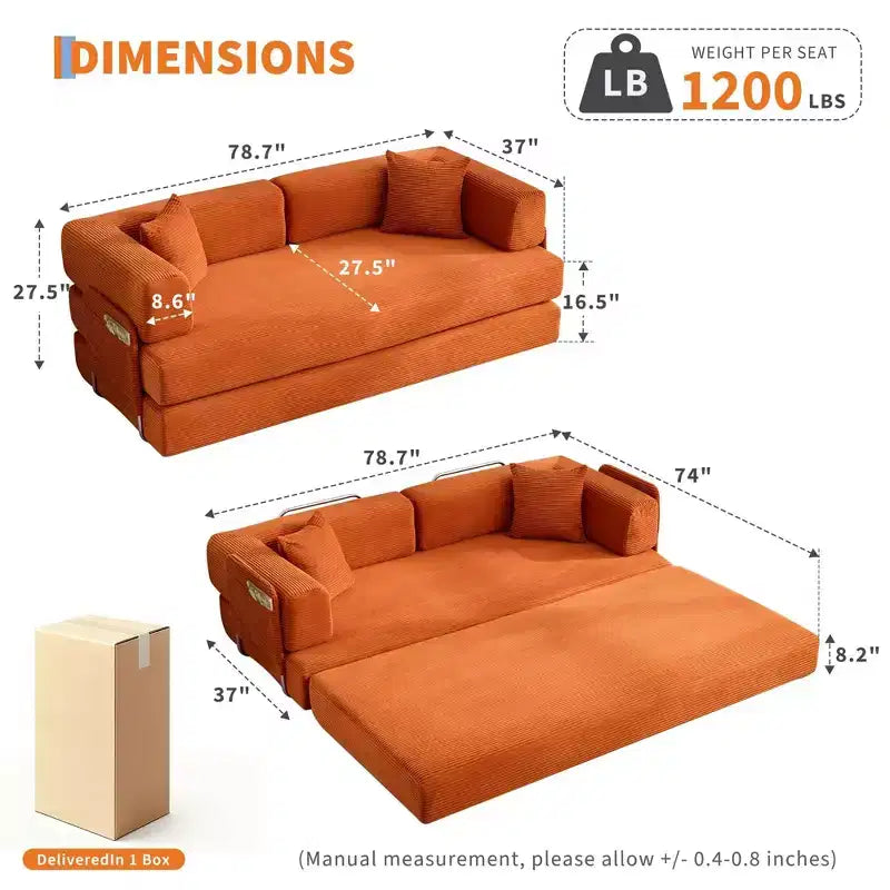 Schlafsofa, 78.8 5-in-1 Klappmatratze/Liegesofa, Stahlrahmen mit fester Form, Cord mit Kissen