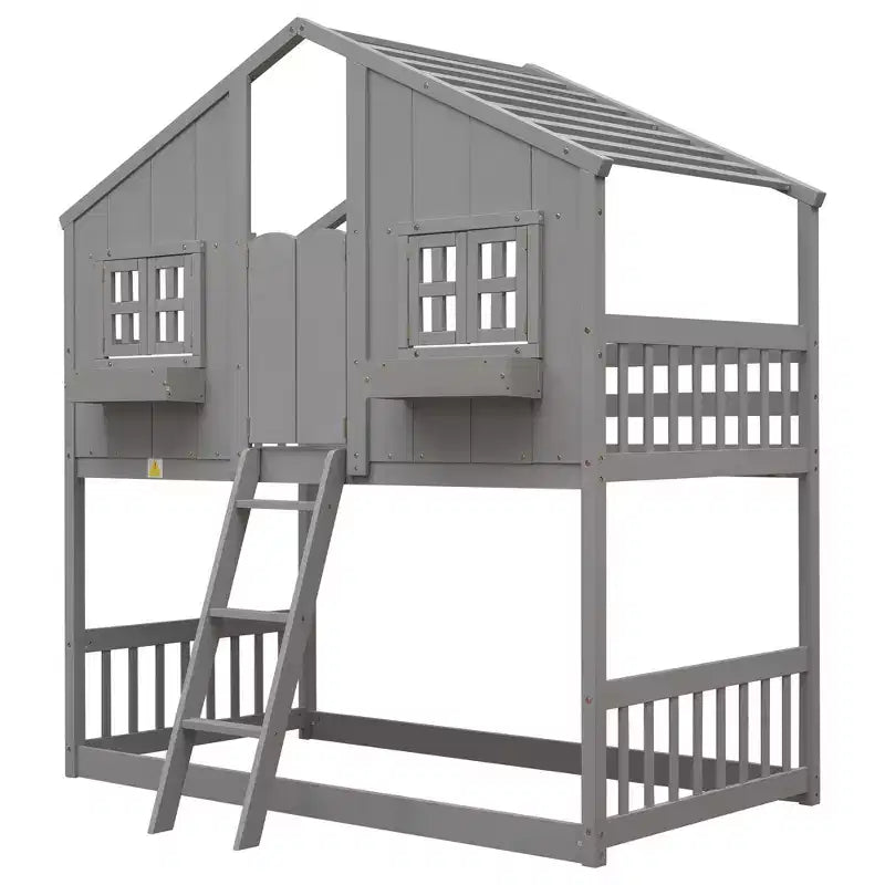 Doppel-Loftbett in Hausform, Holzspielhaus-Loftbett mit Leiter und Schutzgittern für Kinder