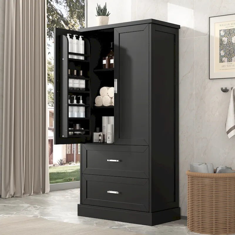 Hoher Badezimmerschrank, Schrank mit zwei Türen und Schubladen, verstellbarem Regal, MDF-Platte