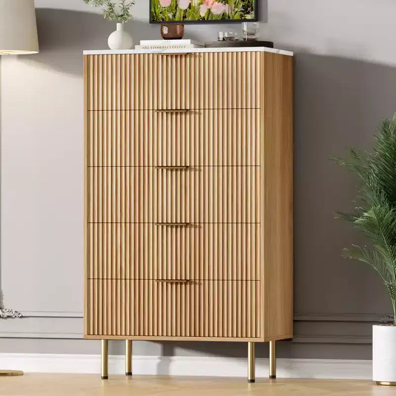 Weiß / Marmor & Holz Kommode mit 5 Schubladen – Geriffelte Platte, für 1 Person