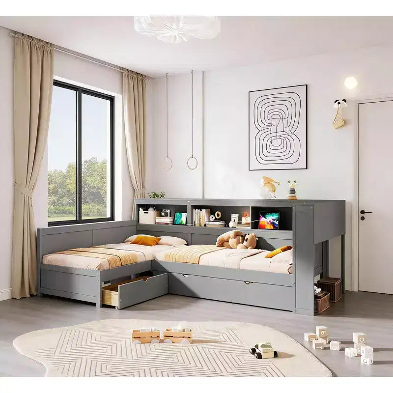 L-förmiges Plattformbett in Twin-Größe mit Rollbett und Ladestation, Holzbettgestell mit Bücherregal