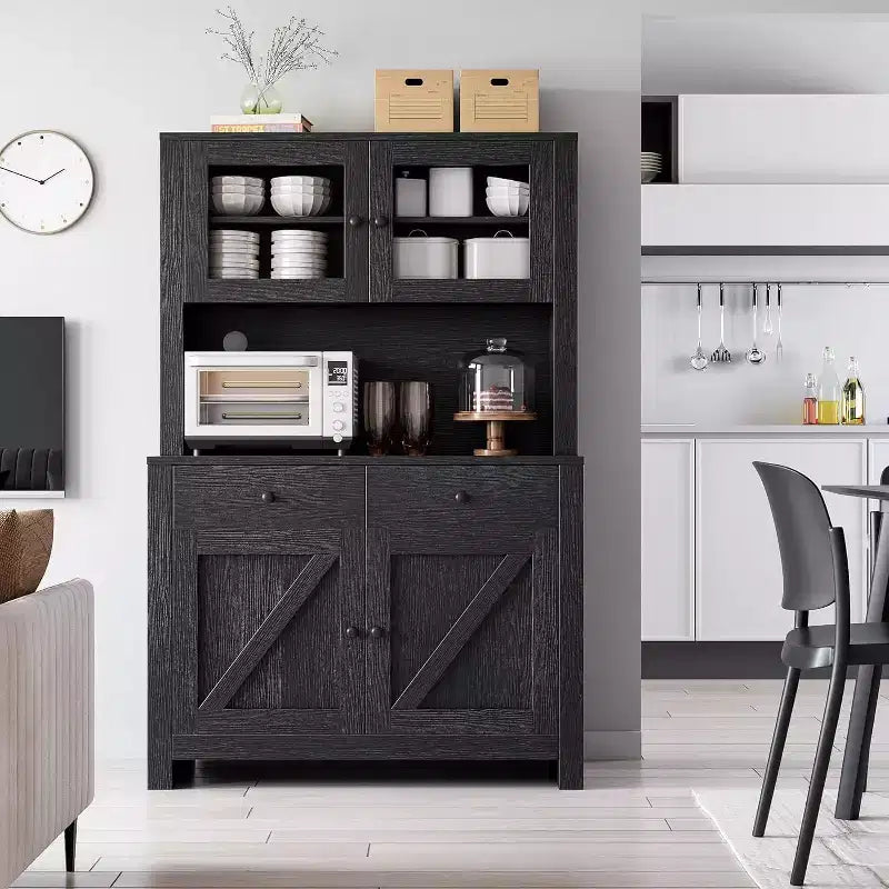 Küchenschrank mit Mikrowellenständer, Vitrinenschrank mit Anrichte und verstellbaren Einlegeböden, für Küche, Esszimmer