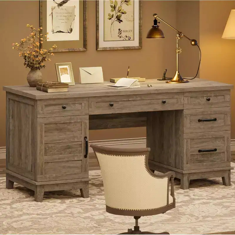 60 Executive Schreibtisch mit Schubladen, Home Office Schreibtisch mit Ladestation, Computer-Schreibtisch aus Holz für Arbeitszimmer, Konferenztisch für Wohnzimmer