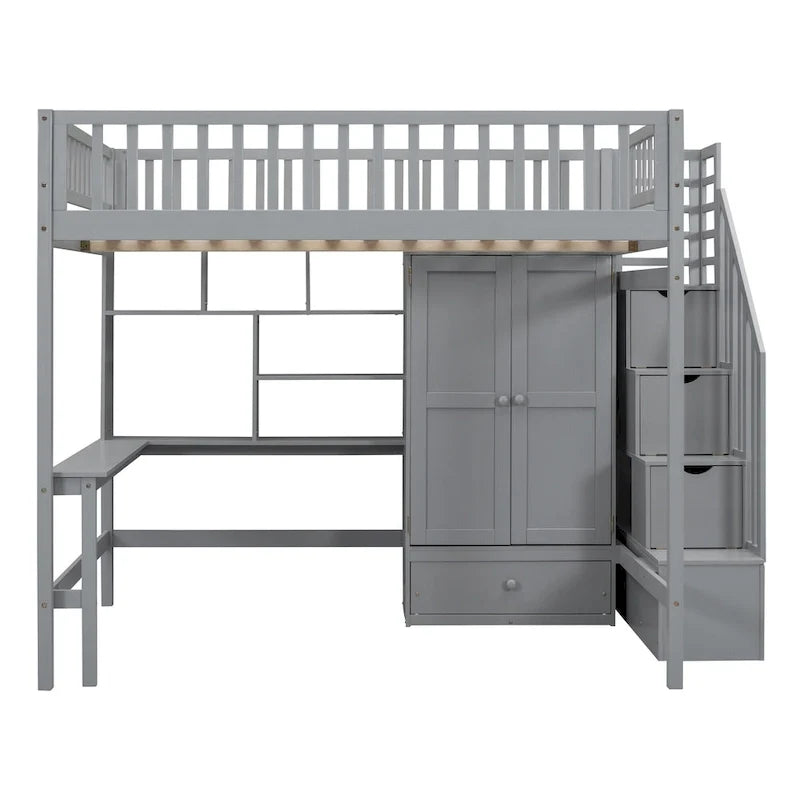 Kiefer-Hochbett mit Schreibtisch und Stauraum