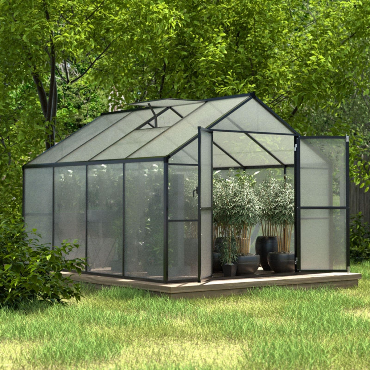 VEIKOUS Aluminium-Gewächshaus-Bausatz mit begehbarem Garten, verstellbarer Dachluke und abschließbarer Tür, Grau