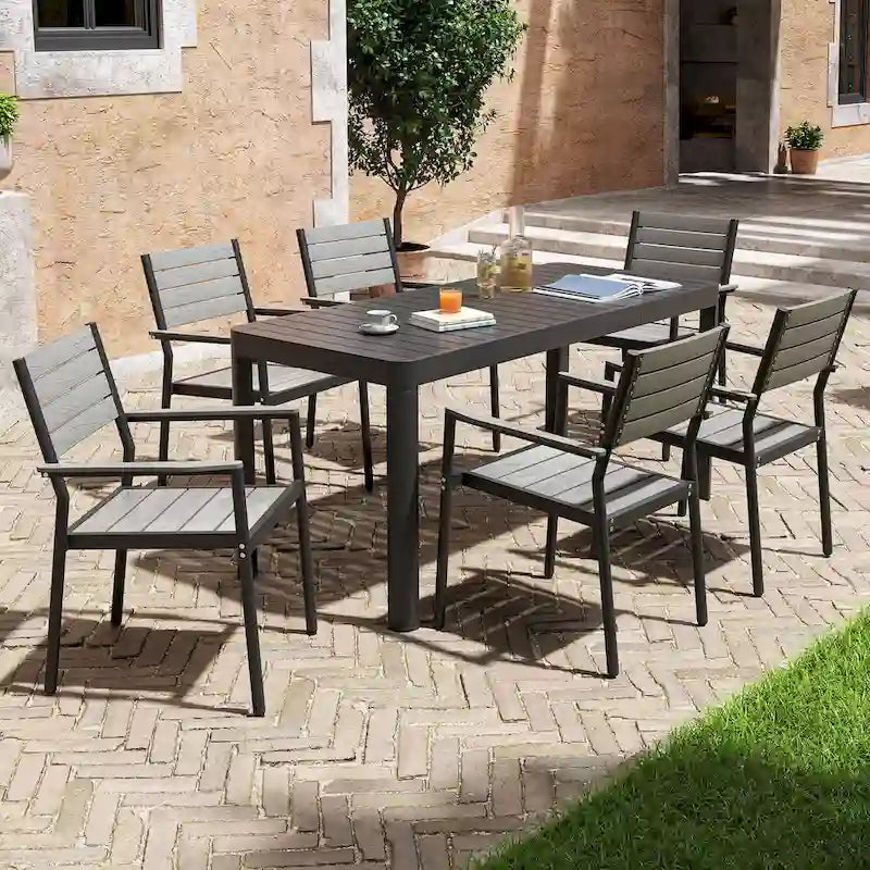 Outdoor 5/7-teiliges Terrassen-Essgruppe aus Aluminium mit stapelbaren Stühlen und ausziehbarem Tisch