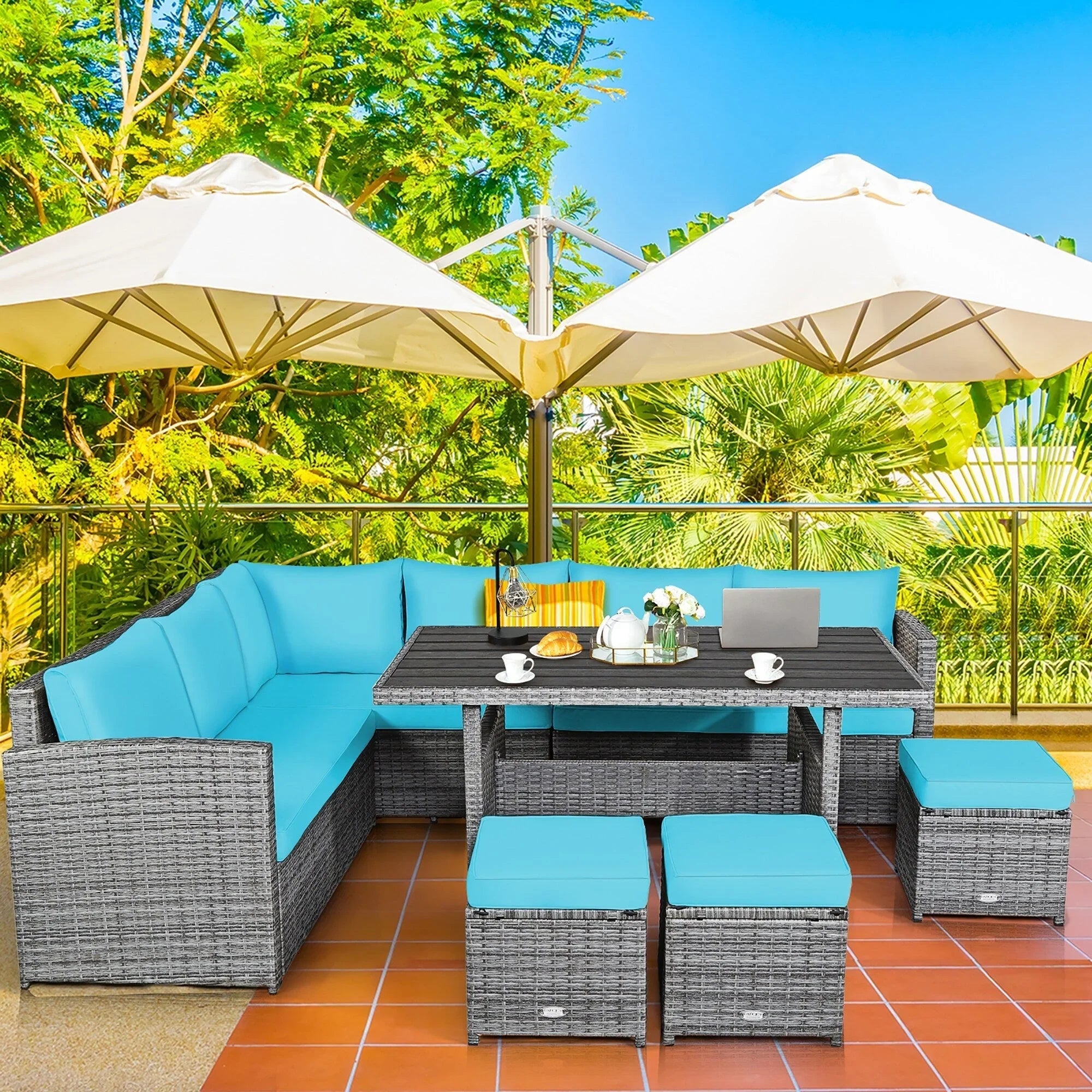 Costway 7-teiliges Terrassen-Essgruppe Rattan-Sofa Couch Ottomane – Details ansehen