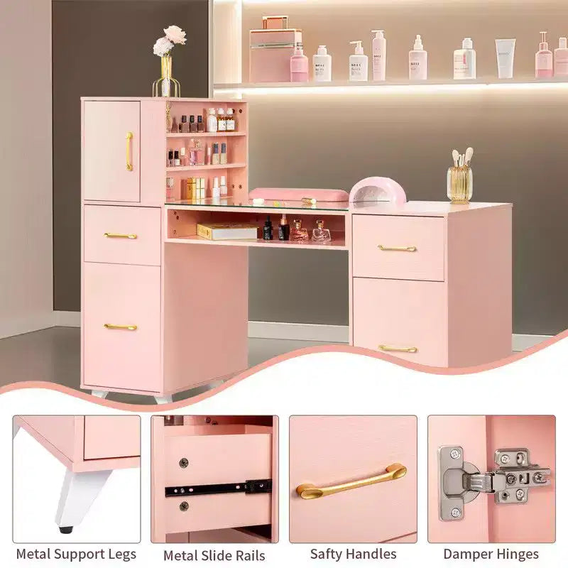 Schwarz/Pink Moderner Maniküre-Nageltisch mit Glasplatte & Handauflage, Einzelplatz