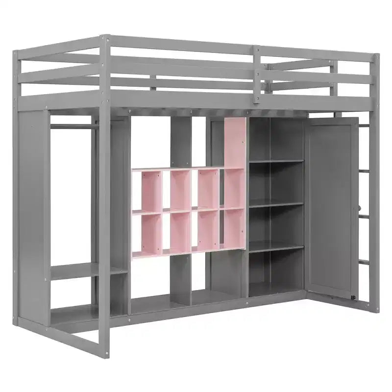 Hochbett für Kinder mit Kleiderschrank und Regalen, Holz-Hochbettgestell mit Aufbewahrungsschrank für Kinder und Jugendliche