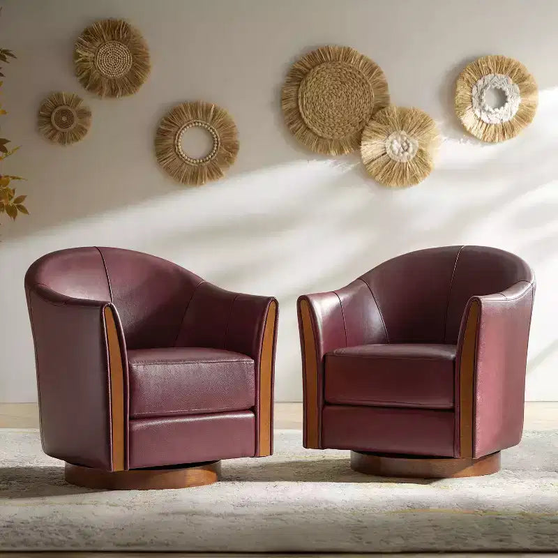 Pocono Transitional Fasssessel aus echtem Leder mit Drehfunktion und Massivholzfuß, 2er-SetArtful Living Design