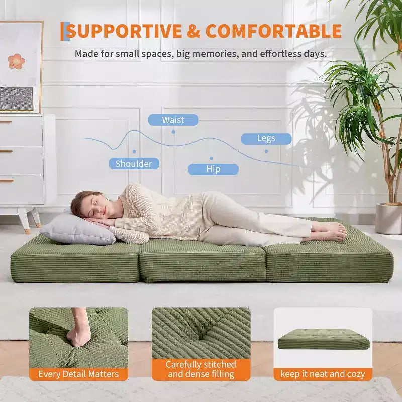 SunnyFurn 6 Zoll Dreifach-Klappmatratze Schlafsofa, 75x54,3 Schaumstoff-Gästebett mit getuftetem Cordbezug, tragbar für Camping, Wohnzimmer, Schlafzimmer