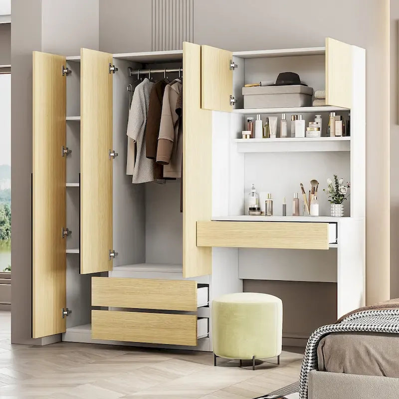 3-in-1 Kleiderschrank mit Schminktisch, Schreibtisch-Set, Schlafzimmer-Schrank mit 2 Schubladen, 3-türiger Aufbewahrungsschrank mit Schreibtisch