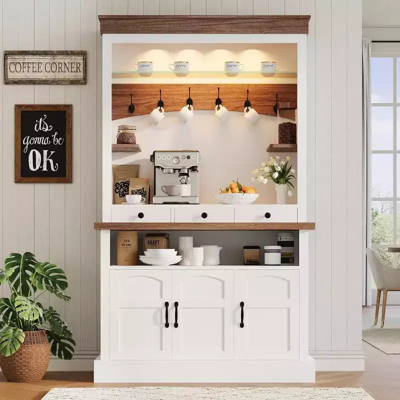 72" Hoher Bauernhaus-Kaffeebar-Schrank mit LED-Beleuchtung, Küchenbuffet mit Türen und Schublade, verstellbaren Einlegeböden, geräumiger Stauraum