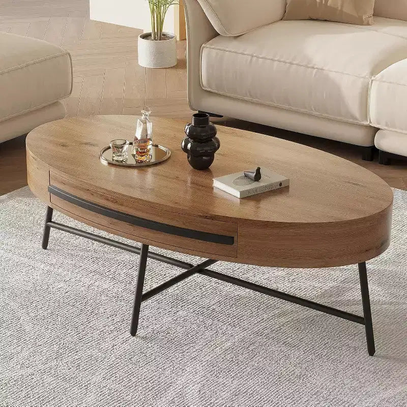 Acekool Ovaler Couchtisch mit Schublade, 120 cm Holz-Ablagetisch mit gekreuzten Metallbeinen, Mid-Century Modern Beistelltisch in Natur & Golden Willow