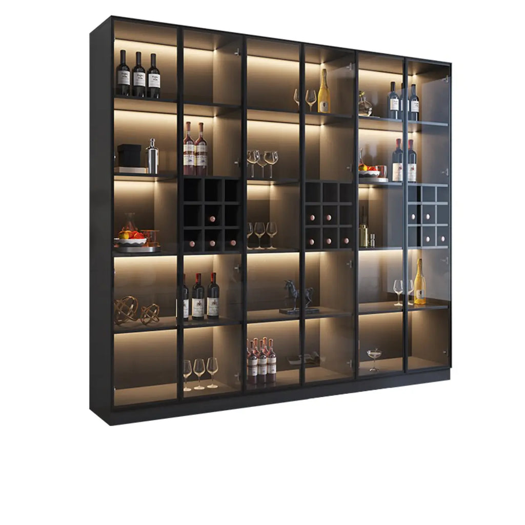 Minimalistisches Weinschrankregal aus schwarzem Holz mit Glastür