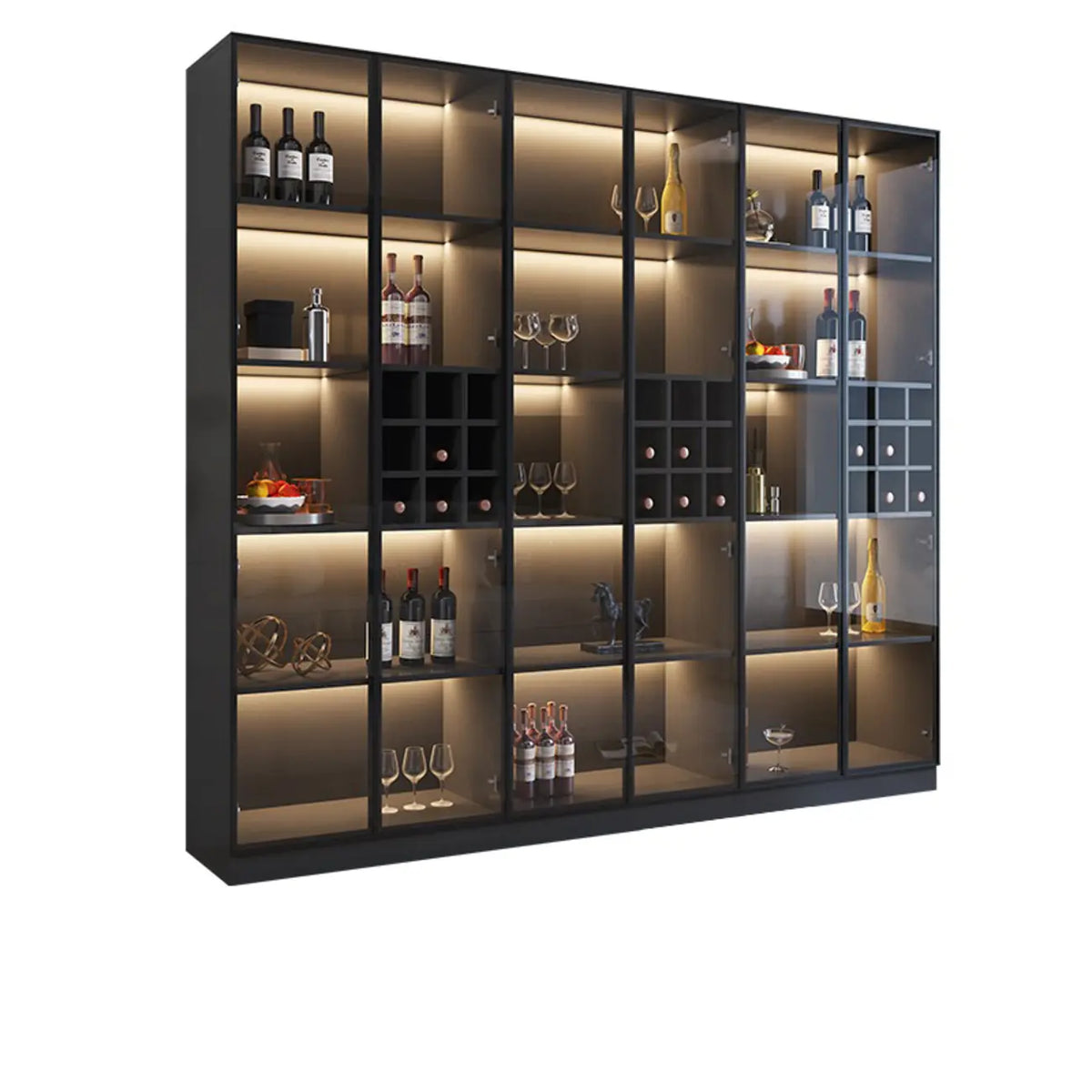 Minimalistisches Weinschrankregal aus schwarzem Holz mit Glastür