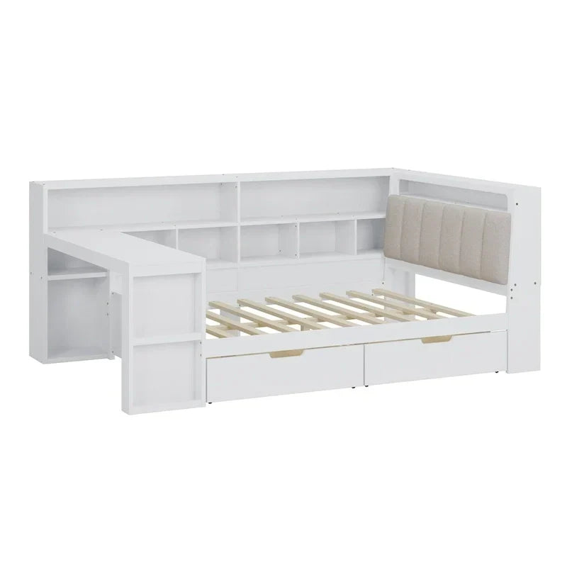 L-förmiges Holzsofa-Tagesbett mit Schreibtisch, Bücherregal, Eckbett mit Schubladen unter dem Bett, gepolstertem Kopfteil und integrierter Beleuchtung