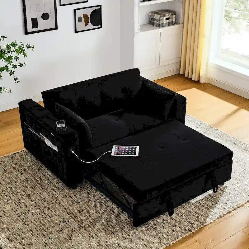 54 Schlafsofa zum Ausziehen, 2-Sitzer-Schlafsofa mit Stauraum, Lendenkissen, USB-Steckdose