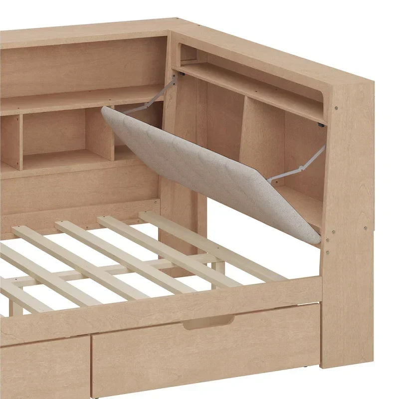 L-förmiges Holzsofa-Tagesbett mit Schreibtisch, Bücherregal, Eckbett mit Schubladen unter dem Bett, gepolstertem Kopfteil und integrierter Beleuchtung
