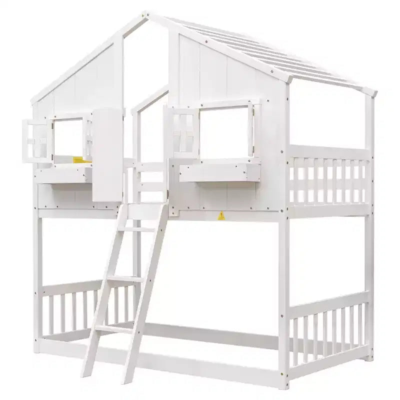 Doppel-Loftbett in Hausform, Holzspielhaus-Loftbett mit Leiter und Schutzgittern für Kinder
