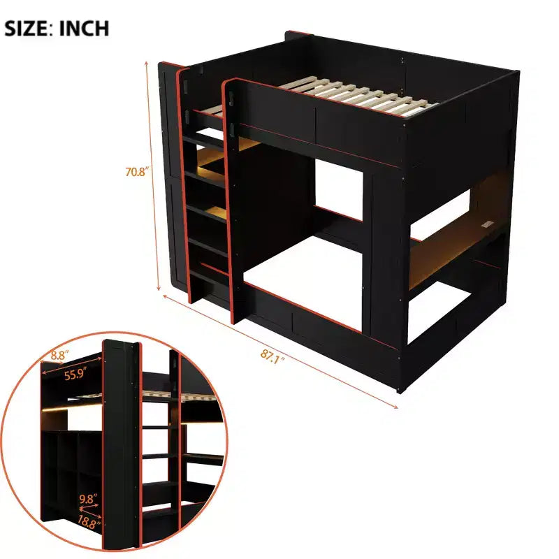 Holz-Gaming-Etagenbett in voller Größe mit integriertem Schreibtisch, Ablageregalen, 7-farbiger LED-Beleuchtung und Ladestation, Schwarz - ModernLuxe