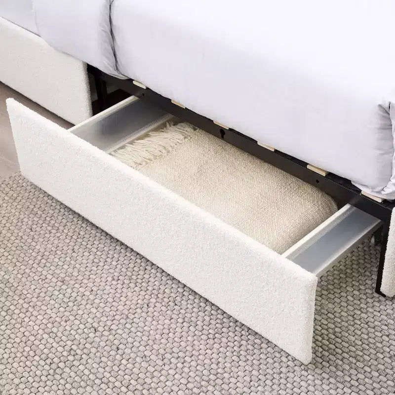 Modernes Bouclé Polsterbett Queensize mit Schubladen