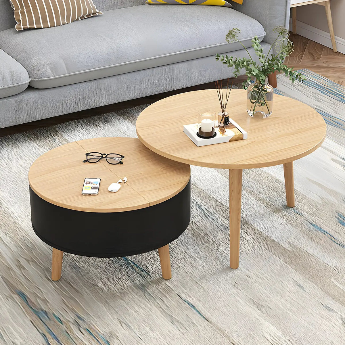 Schwarz Weiß Moderner Runder Couchtisch aus Holz mit Stauraum