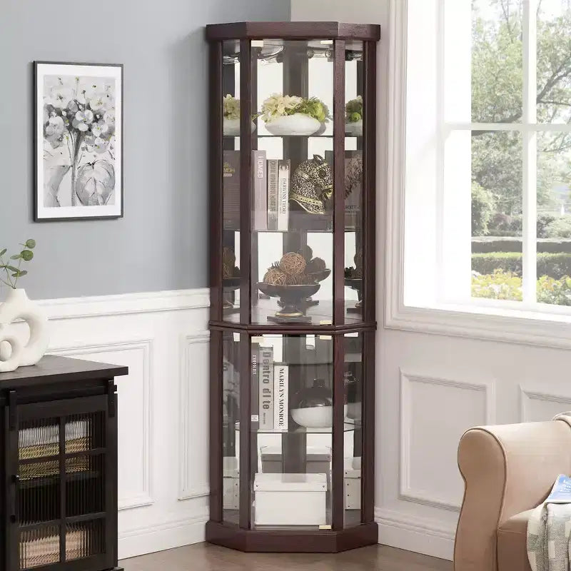 Eck-Vitrine mit Glastüren und Regalen, Eck-Schaukasten für das Wohnzimmer