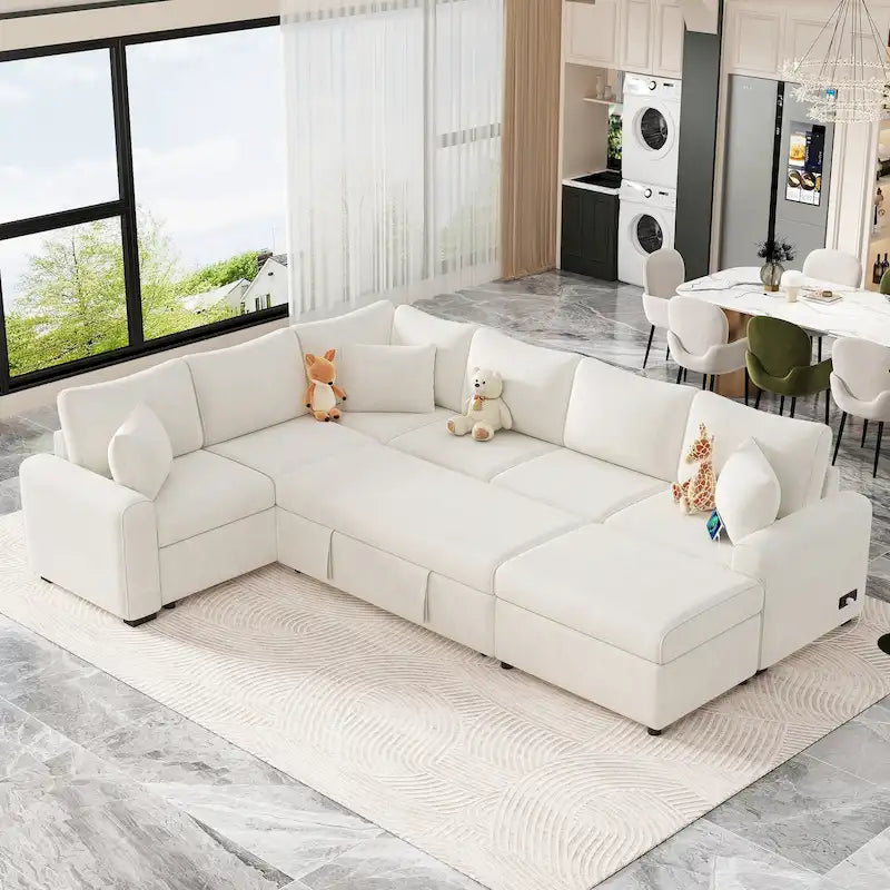 Chenille Ecksofa mit Ausziehfunktion, L-förmiges Schlafsofa mit Stauraum-Ottomane, 3 Kissen und Ladevorrichtungen