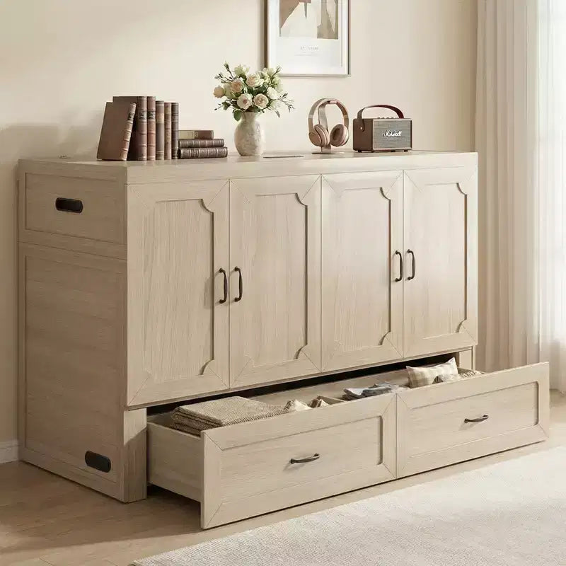 Mjkone Queen Size Wandelbares Murphy-Schrankbett mit USB-Ladefunktion, Schubladen, keine Matratze enthalten
