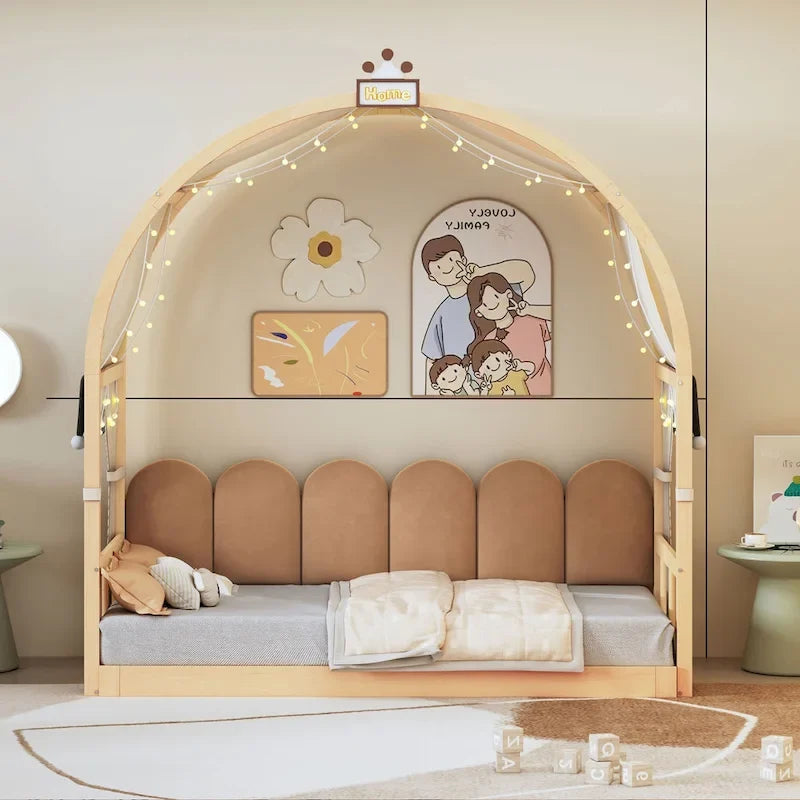 Massivholz-Spielhaus-Plattformbett, Montessori-Bettrahmen mit gewölbtem Dach und Ausziehbett für Mädchen und Jungen
