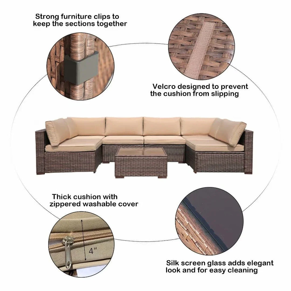 7-teiliges Outdoor-Sofa-Set aus Korbweide/Stahl mit Polstern
