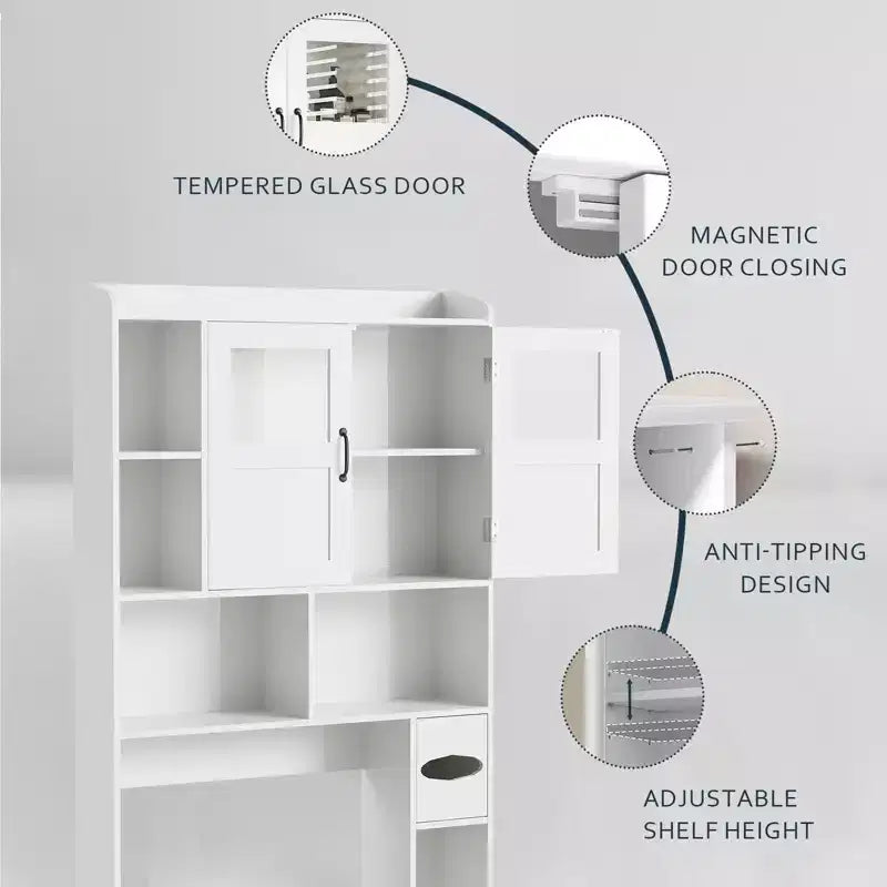 Badezimmerschrank über der Toilette – 171 cm hoher Badezimmer-Organizer im Landhausstil mit verstellbarem Regal und Glastür für Bad und Waschküche