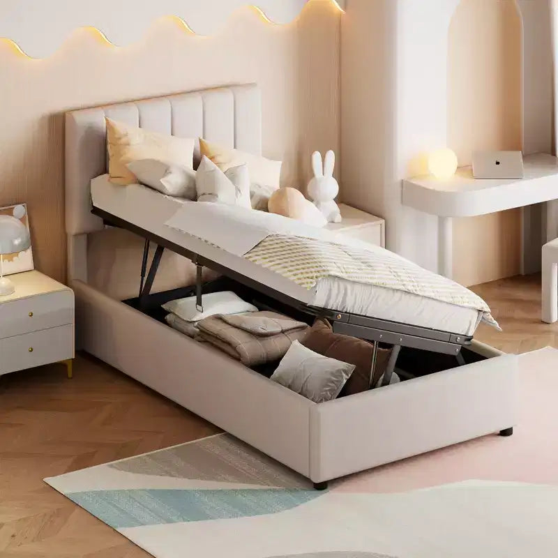 Bellemave Einzelbett mit Hochklappfunktion, Gepolstertes Plattformbett mit hydraulischem Aufbewahrungssystem, Kopfteil mit vertikalen Streifen, Beige