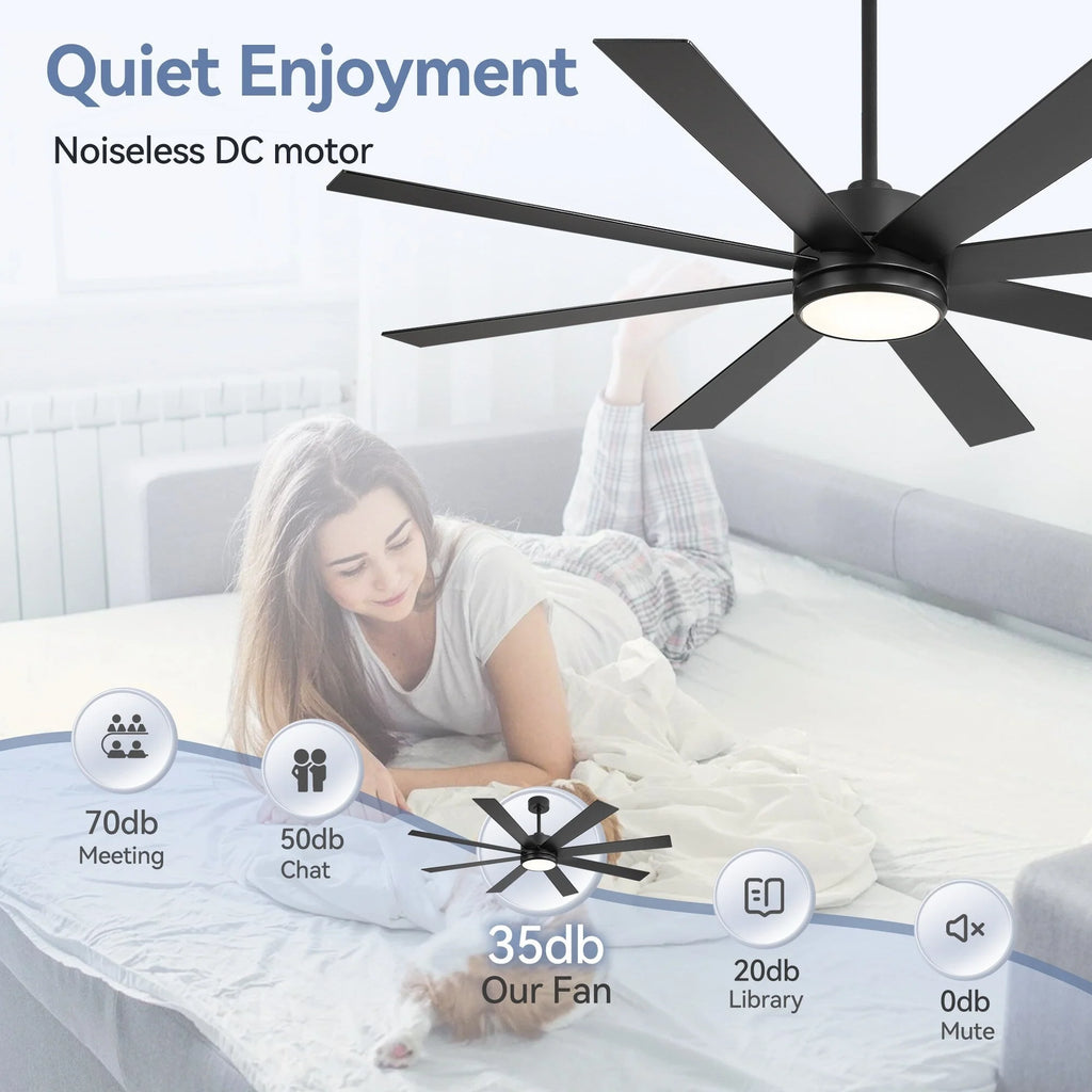 65-Zoll-LED-Deckenventilator mit 8 Flügeln, Licht und Fernbedienung, Schwarz