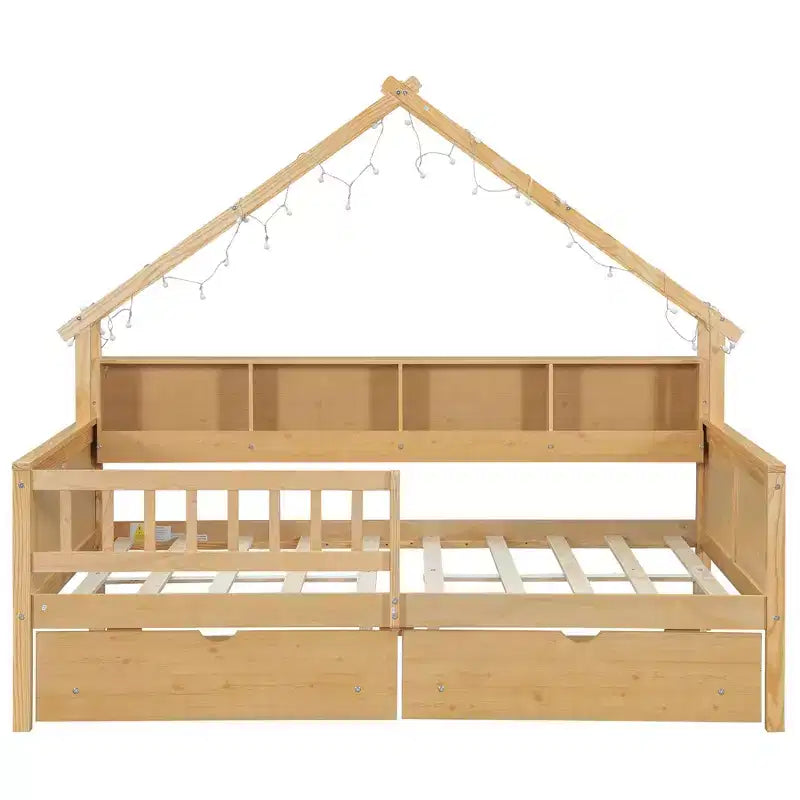 Hausbettgestell in voller Größe mit Schubladen, Haus-Plattformbett mit LED-Beleuchtung, Ablagefächern und Schubladen, Tagesbett aus Holz mit Dach und Geländer