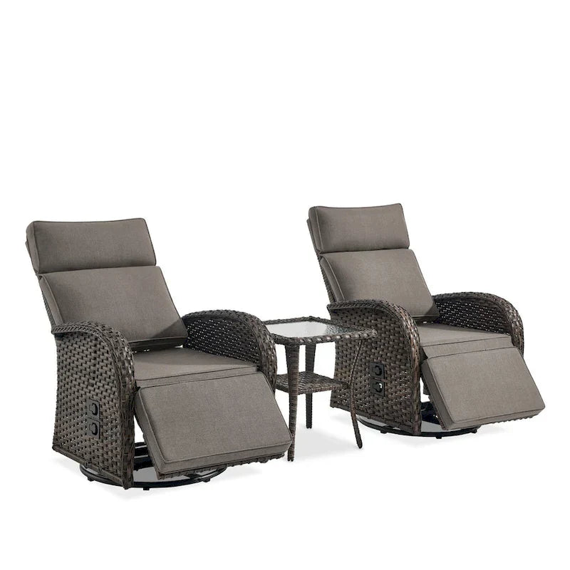 Pocassy 3-teilige vielseitige Outdoor-Liegestühle mit Beistelltisch und grauen Polstern