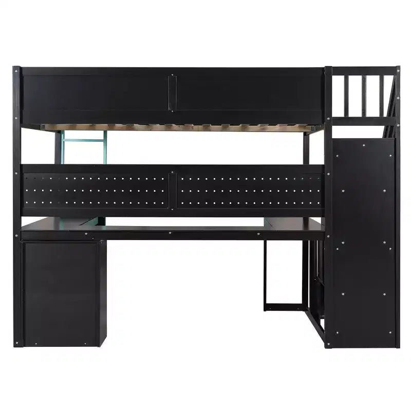 GDFStudio Scott hölzernes Gaming-Hochbett mit Stauraumtreppe, Schreibtisch, Regalen und Lochwand