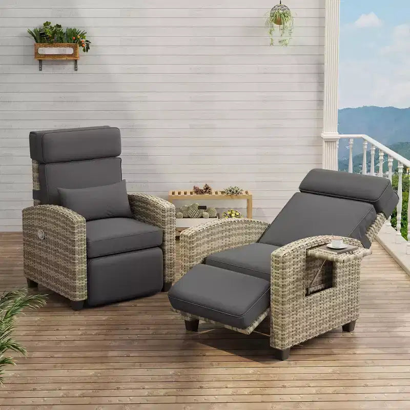 Outdoor Relaxsessel, Gartenliege mit verstellbarer Rückenlehne & Fußstütze, Korbliege bis 150 kg mit Klapptisch