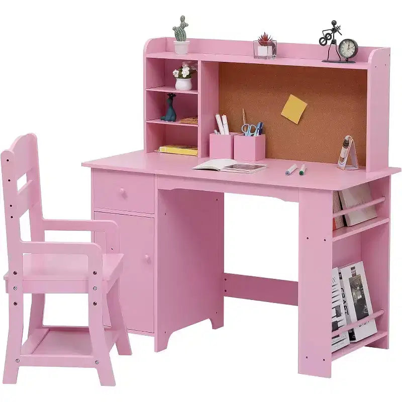 Kinderschreibtisch, Schreibtisch- und Stuhlset für Jungen und Mädchen, Holzkinder-Schreibtisch mit Bücherregal, Pinnwand, Schrank und Schublade für Kinder von 3-8 Jahren