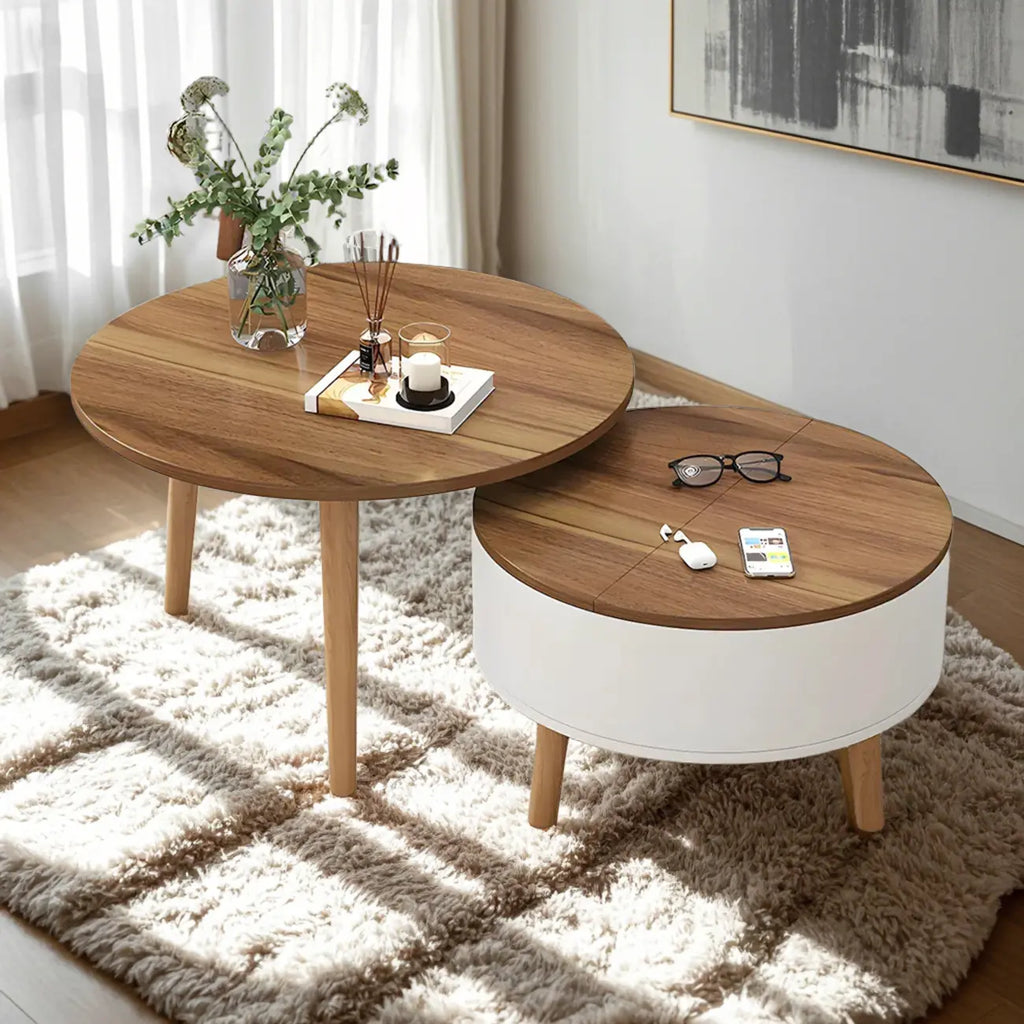 Schwarz Weiß Moderner Runder Couchtisch aus Holz mit Stauraum