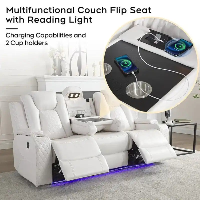 Elektrisches Relaxsofa mit kabellosem Ladegerät, Leselampe für das Wohnzimmer, Kunstleder-LED-Beleuchtung, AC/USB-Anschluss, Getränkehalter, Schwarz