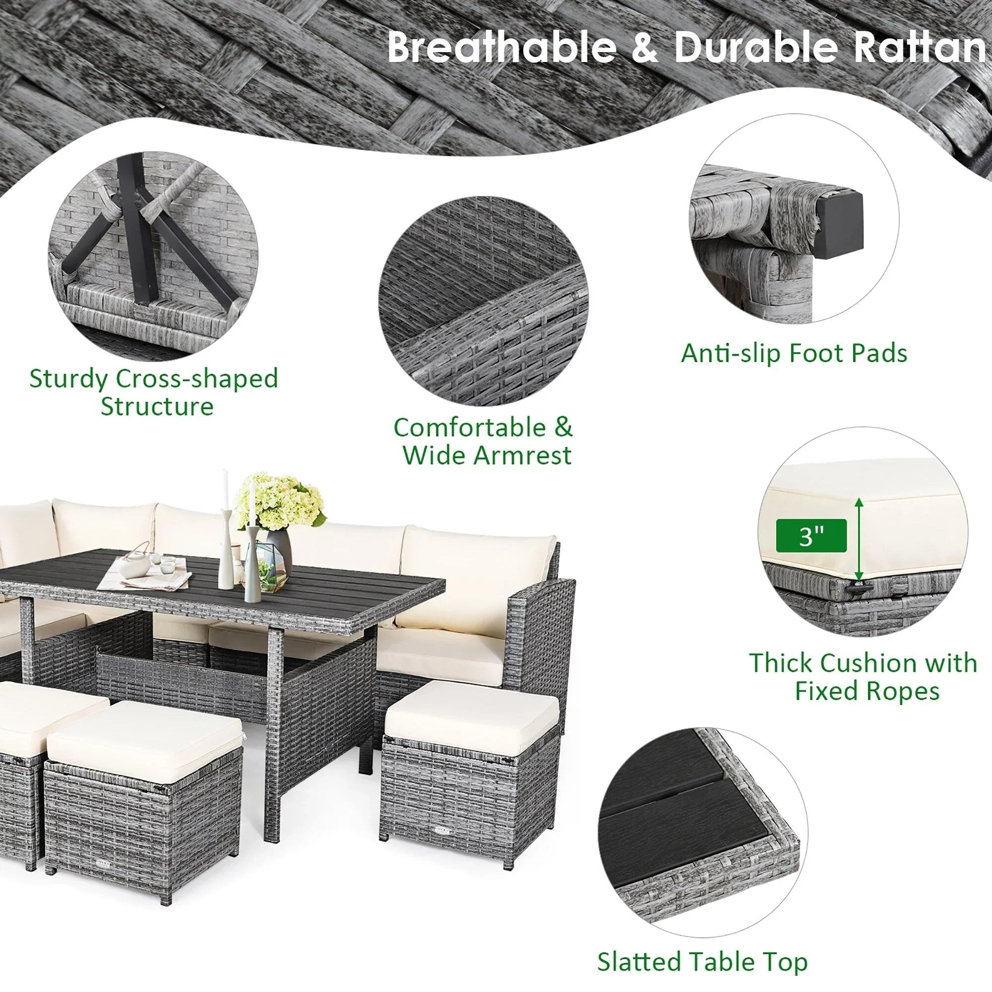 Costway 7-teiliges Terrassen-Essgruppe Rattan-Sofa Couch Ottomane – Details ansehen