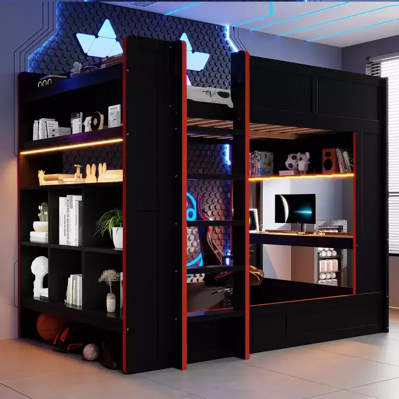 Holz-Gaming-Etagenbett in voller Größe mit integriertem Schreibtisch, Ablageregalen, 7-farbiger LED-Beleuchtung und Ladestation, Schwarz - ModernLuxe