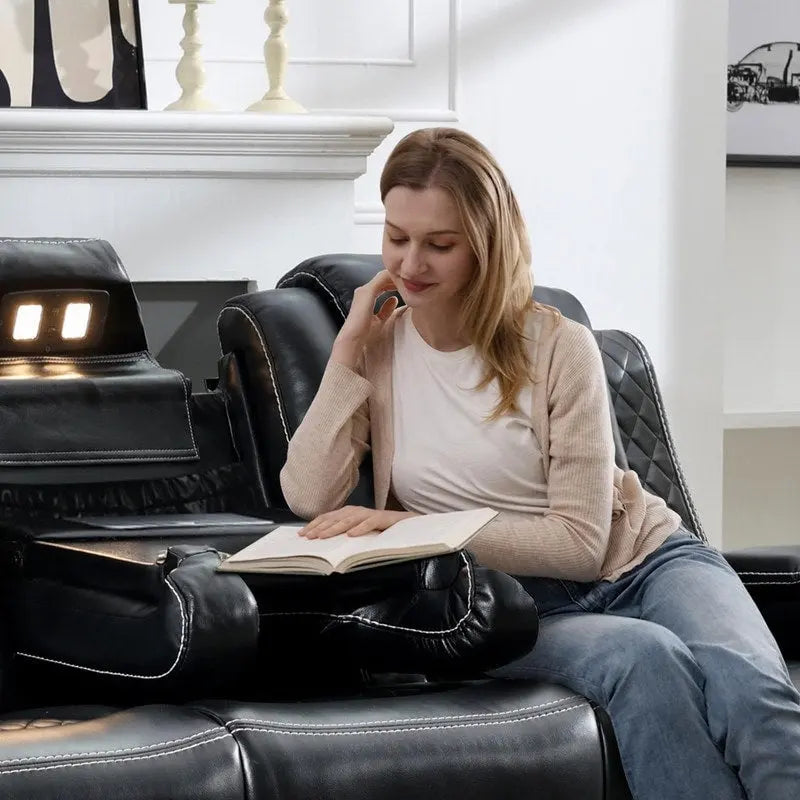 Elektrisches Relaxsofa mit kabellosem Ladegerät, Leselampe für das Wohnzimmer, Kunstleder-LED-Beleuchtung, AC/USB-Anschluss, Getränkehalter, Schwarz
