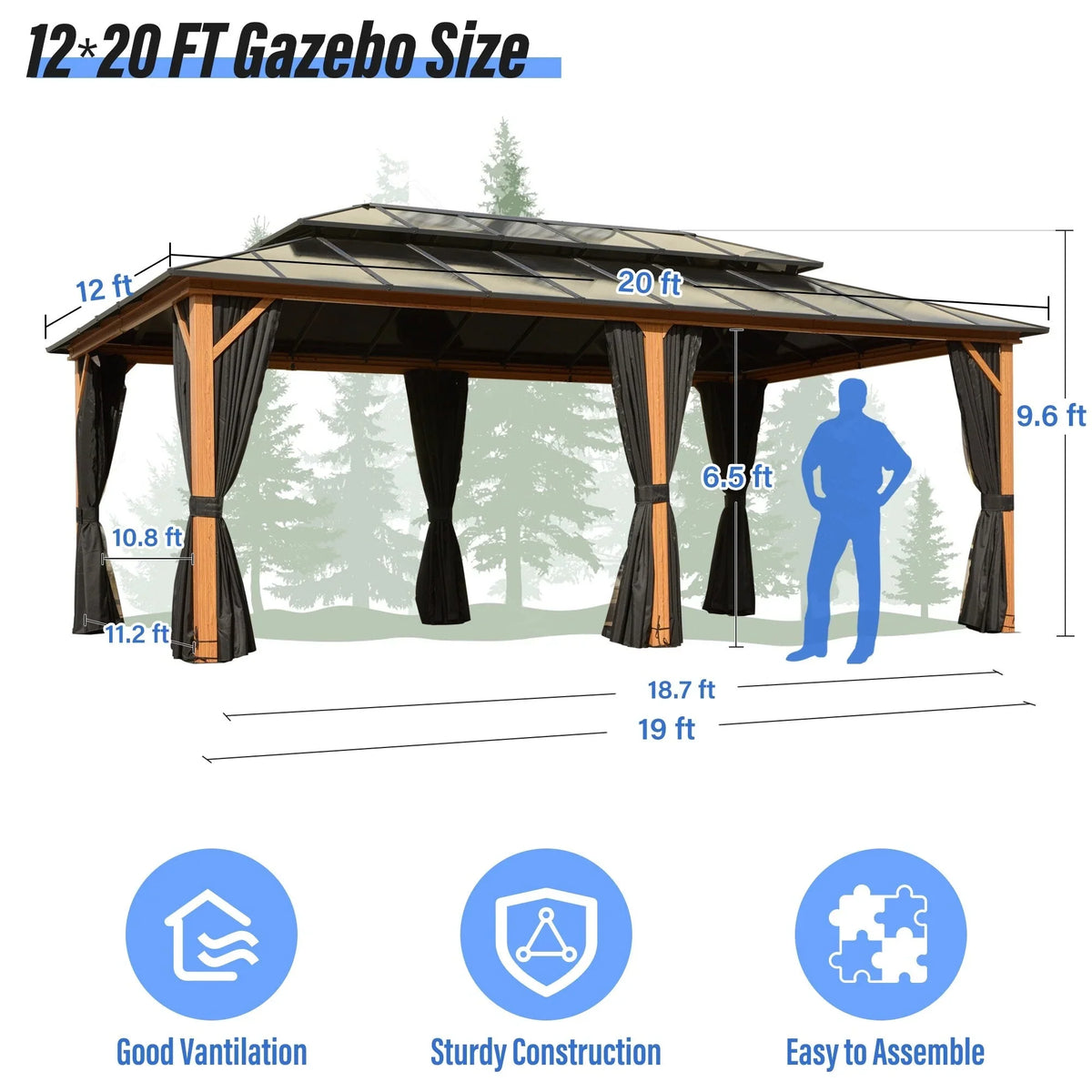 EROMMY Hardtop-Pavillon, Outdoor-Pergola mit Doppeldach & Netzen & Vorhängen, Hochleistungs-Canopy für Terrasse, Garten, Poolparty
