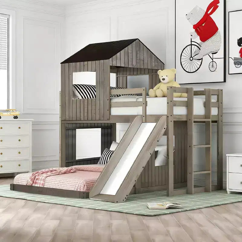 Luxystar Etagenbett aus Holz mit Spielhaus, Rutsche und Rausfallschutz