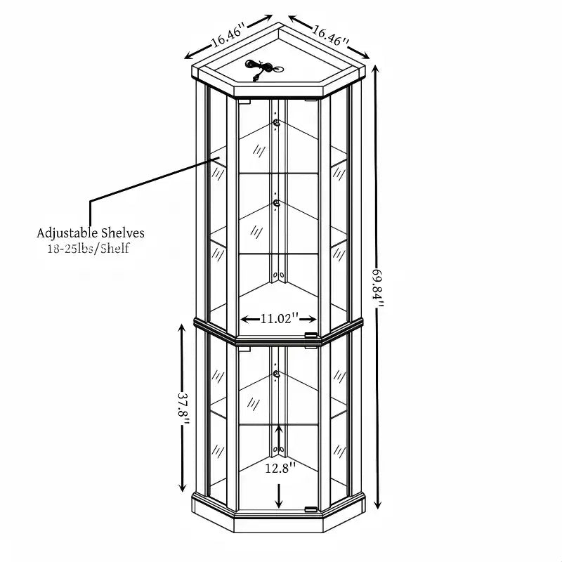 Eck-Vitrine mit Glastüren und Regalen, Eck-Schaukasten für das Wohnzimmer