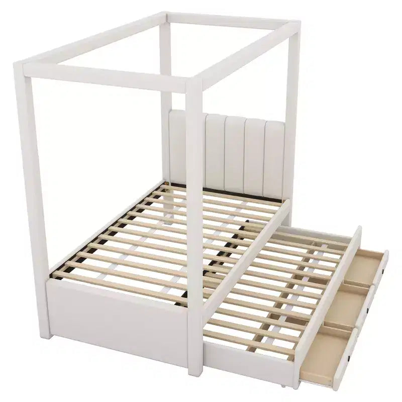 Plattformbett mit Baldachin, Leinenbezug, vollbettgroß, mit Ausziehbett und drei Schubladen